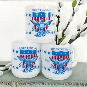 Vintage Glasbake Milk Glass Mug Bicentennial Red White Blue Patriotic CHOICE ONE